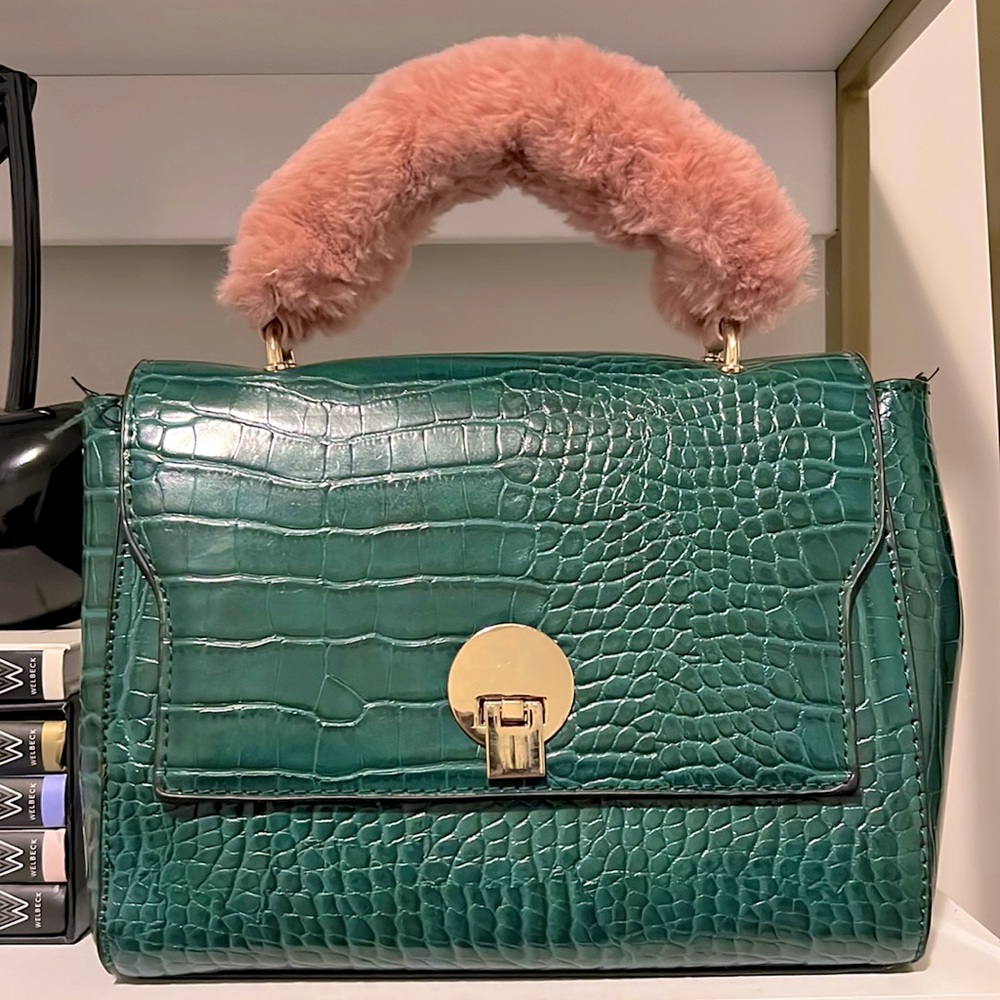Green Croc Pink fur handbag